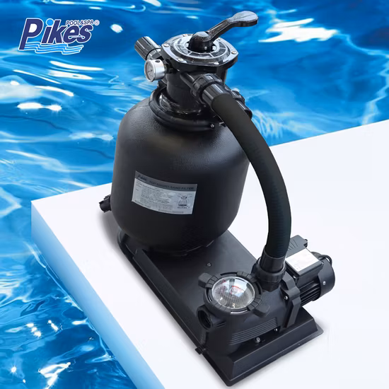 Sistema de filtración Pikes, limpiador de piscinas de fibra de vidrio, filtro de arena de montaje lateral con bombas de agua para piscinas.